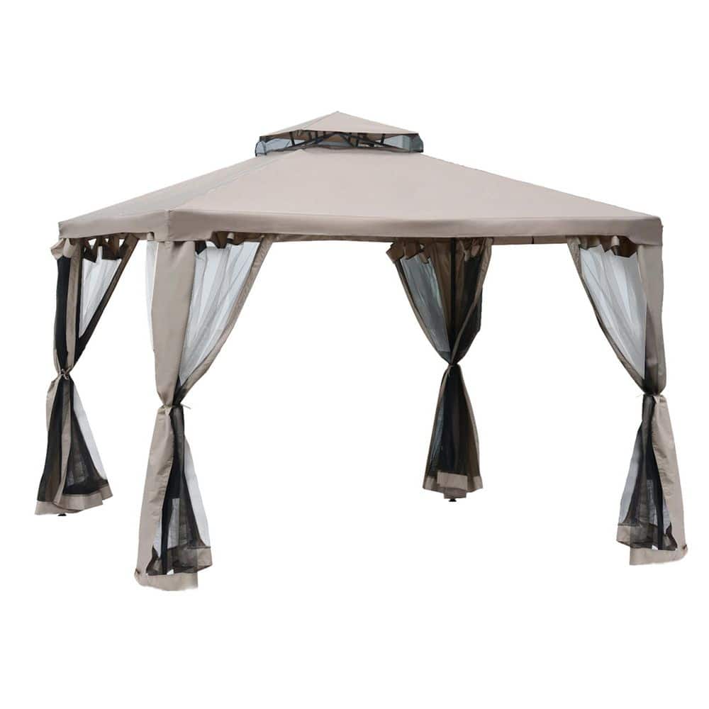 9.6 ft. x 9.6 ft. Taupe Steel Brown Patio Gazebo Outdoor Canopy with 2-Tier