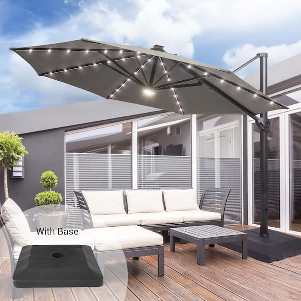 Sonkuki 11 ft. Solar LED Outdoor Round Aluminum Cantilever Umbrellas with Base Stand in Gray