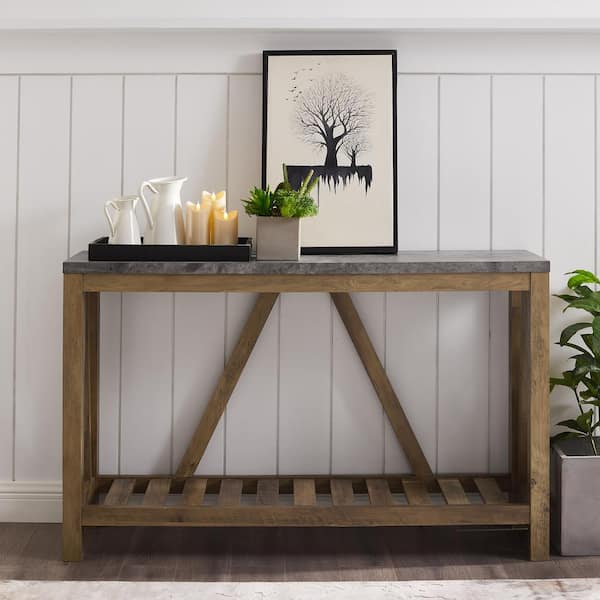 Walker Edison Furniture Company 52 in. Dark Concrete/Rustic Oak Standard Rectangle Composite Console Table with Storage