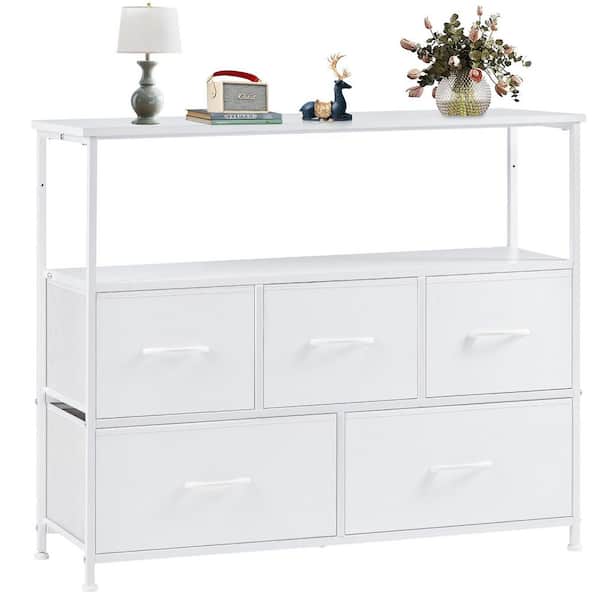 Bestier White 5-Drawer 38 in. W Fabric Storage TV Dresser Wooden Top Without Mirror for Living Room, Closet, Entryway, Nursery