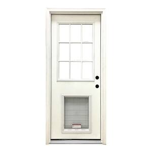 32 in. x 80 in. Reliant Series Clear 9 Lite LHIS White Primed Fiberglass Prehung Back Door with XL Pet Door