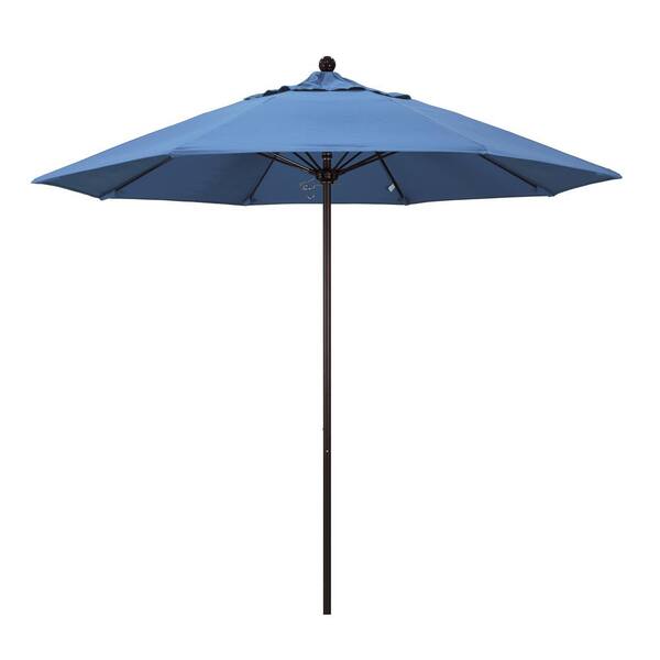 California Umbrella 9 ft. Bronze Aluminum Commercial Market Patio Umbrella with Fiberglass Ribs and Push Lift in Frost Blue Olefin
