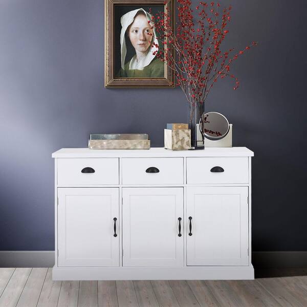 PHI VILLA Kitchen Sideboard Buffet Cabinet - Credenza Dining Room Console  Table with 3 Drawers and Doors, White Kitchen Cabinet with Storage