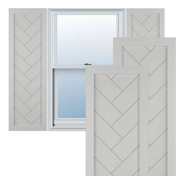 Ekena Millwork 12 in. x 25 in. PVC Single Panel Herringbone Modern Style Fixed Mount Board and Batten Shutters Pair in Hailstorm Gray