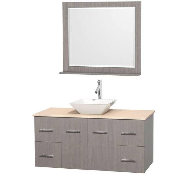 Wyndham Collection Centra 48 in. Vanity in Gray Oak with Marble Vanity Top in Ivory, Porcelain Sink and 36 in. Mirror