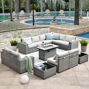 Tahoe Grey 13-Piece Wicker Wide Arm Outdoor Patio Conversation Sofa Set with a Fire Pit and Beige Cushions