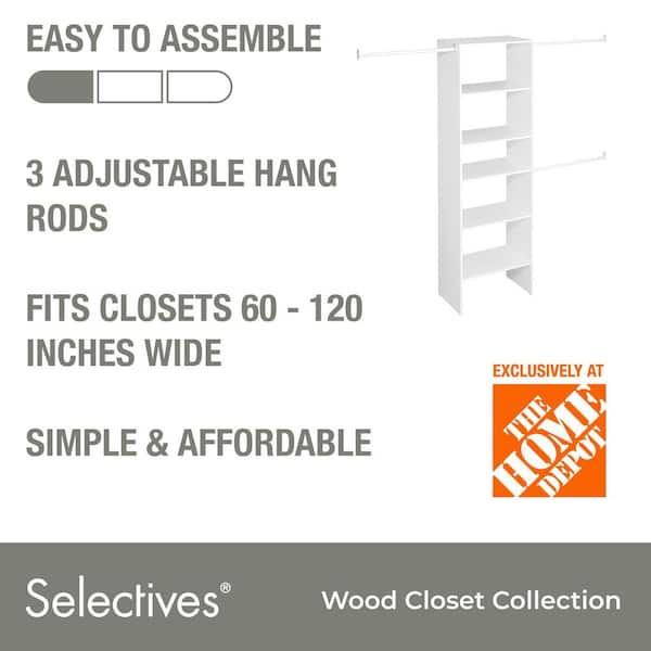 Selectives 60 in. W - 120 in. W White Reach-In Tower Wall Mount 6-Shelf Wood Closet System