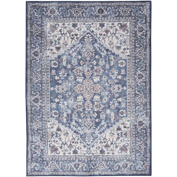 Unbranded Machine Washable Series 1 Navy Ivory 5 ft. x 7 ft. Distressed Traditional Area Rug