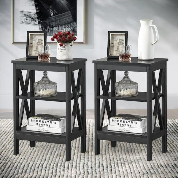 VECELO 2-Piece Black 3-Tier Nightstand Wooden Sofa Table Storage