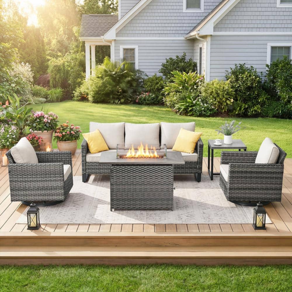 UvaNest Gray 5-Piece Wicker Patio Fire Pit Set Conversation set with Beige Cushions, Swivel Chairs & Fire Pit Table price history on PriceWatchPro