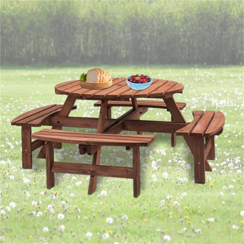 70.07 in. Brown Circular Circular Picnic Table 4 Built-in Benches 8 People 