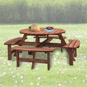 70.07 in. Brown Circular Circular Picnic Table 4 Built-in Benches 8 People with Umbrella Hole