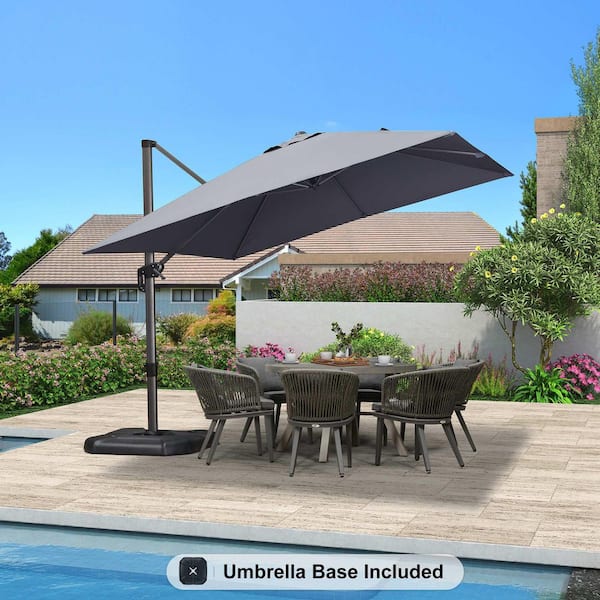 PURPLE LEAF 10 ft. Square Aluminum Outdoor Patio Cantilever Umbrella Offset 360° Rotation Umbrella with Base, Light Gray