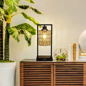 15 in. H Black Charging Rattan Table Lamps with AC Outlet and 2 USB Ports, Lamp Woven Shade,2 Bulbs Included (Set of 2)