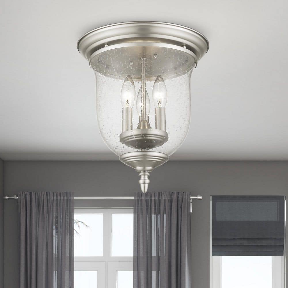 Elegant Brushed Nickel 3-Light Flush Mount with Seeded Glass Jar
