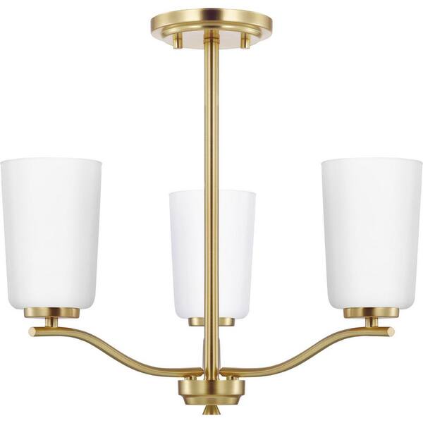 Progress Lighting Adley Collection 3-Light Satin Brass Etched White Glass New Traditional Semi-Flush Convertible Light