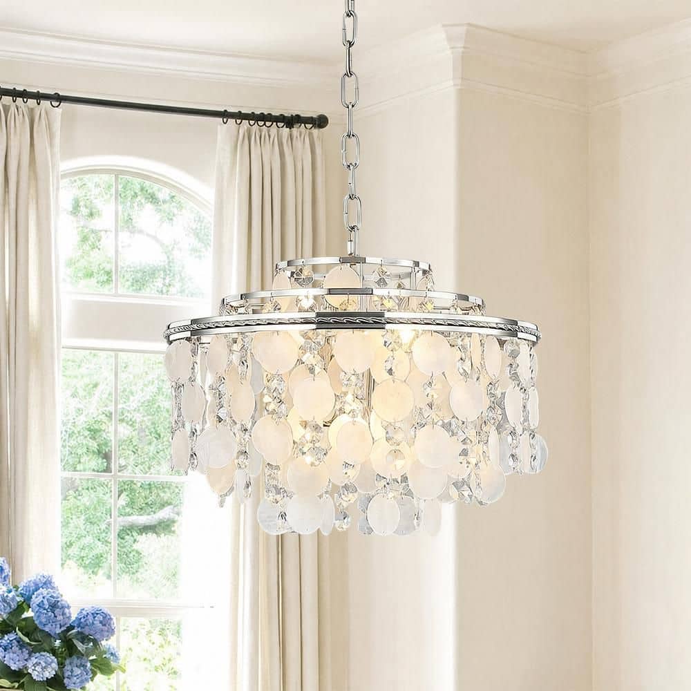 6 Light Polish Nickel Natural Capiz Shell Pendant Design Round Chandelier for Living Room Bedroom with no Bulbs Included price history on PriceWatchPro