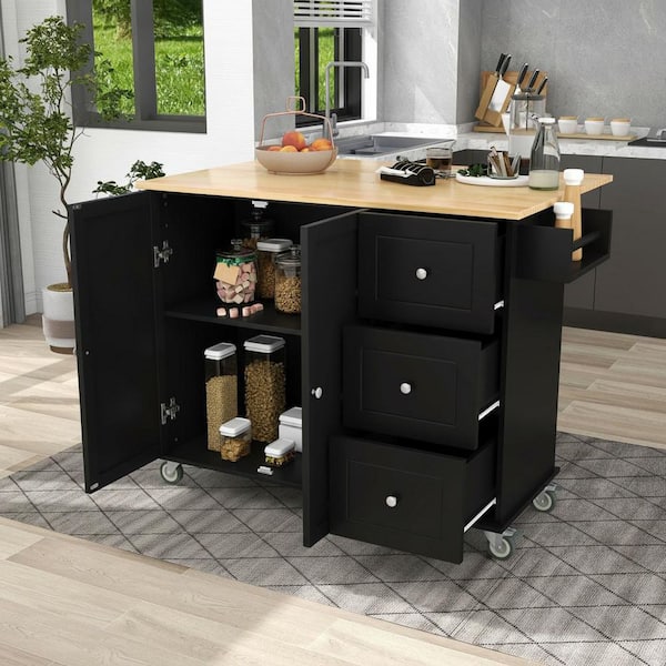 Farmhouse Black Wood 52.76 in. Drop Leaf Rolling Storage Kitchen Island Cart with 3-Drawer and 2-Door