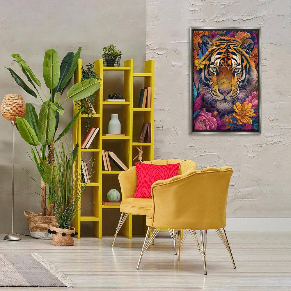 Peering Tiger Through Flowers by LSR Design Studio Gray Floater Frame Animal Graphic Art Print 31 in. x 21 in. price history on PriceWatchPro