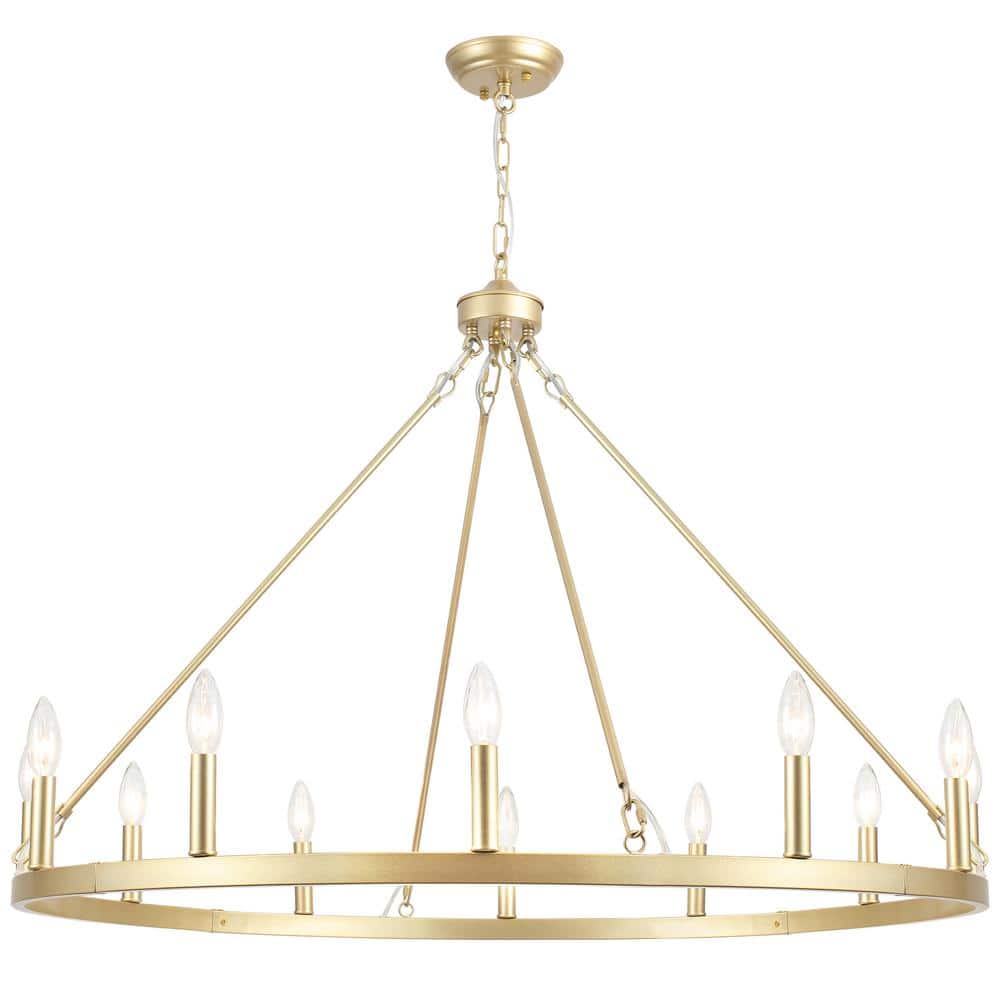 12-Light Gold Modern Candlestick Wagon Wheel Chandelier for Living Room, Di
