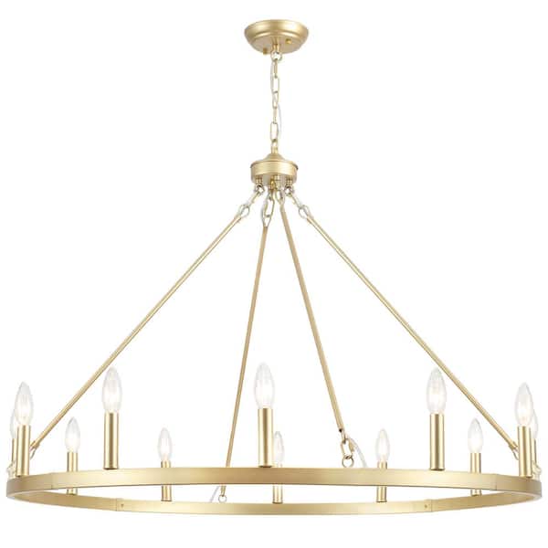 12-Light Gold Modern Candlestick Wagon Wheel Chandelier for Living Room, Dining Room, Foyer, Entryway