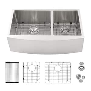 33 in. Farmhouse/Apron-Front 60/40 Double Bowl 16-Gauge Brushed Nickel Stainless Steel Kitchen Sink with Accessories