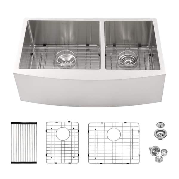33 in. Farmhouse/Apron-Front 60/40 Double Bowl 16-Gauge Brushed Nickel Stainless Steel Kitchen Sink with Accessories