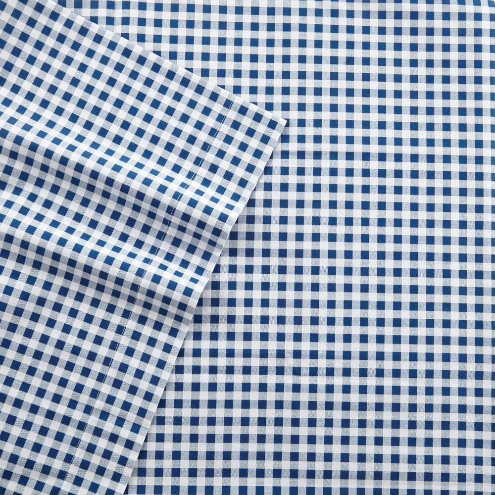 Twin Blue and White Cotton Percale Plaid Sheet Set