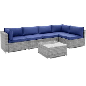 6-Pieces Patio Conversation Furniture Set Rattan Sectional Sofa Set with Navy Cushions