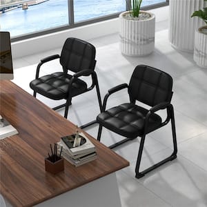 Faux Leather Upholstered Ergonomic Waiting Room Chair in Black with Non-Adjustable Arms Set of 4