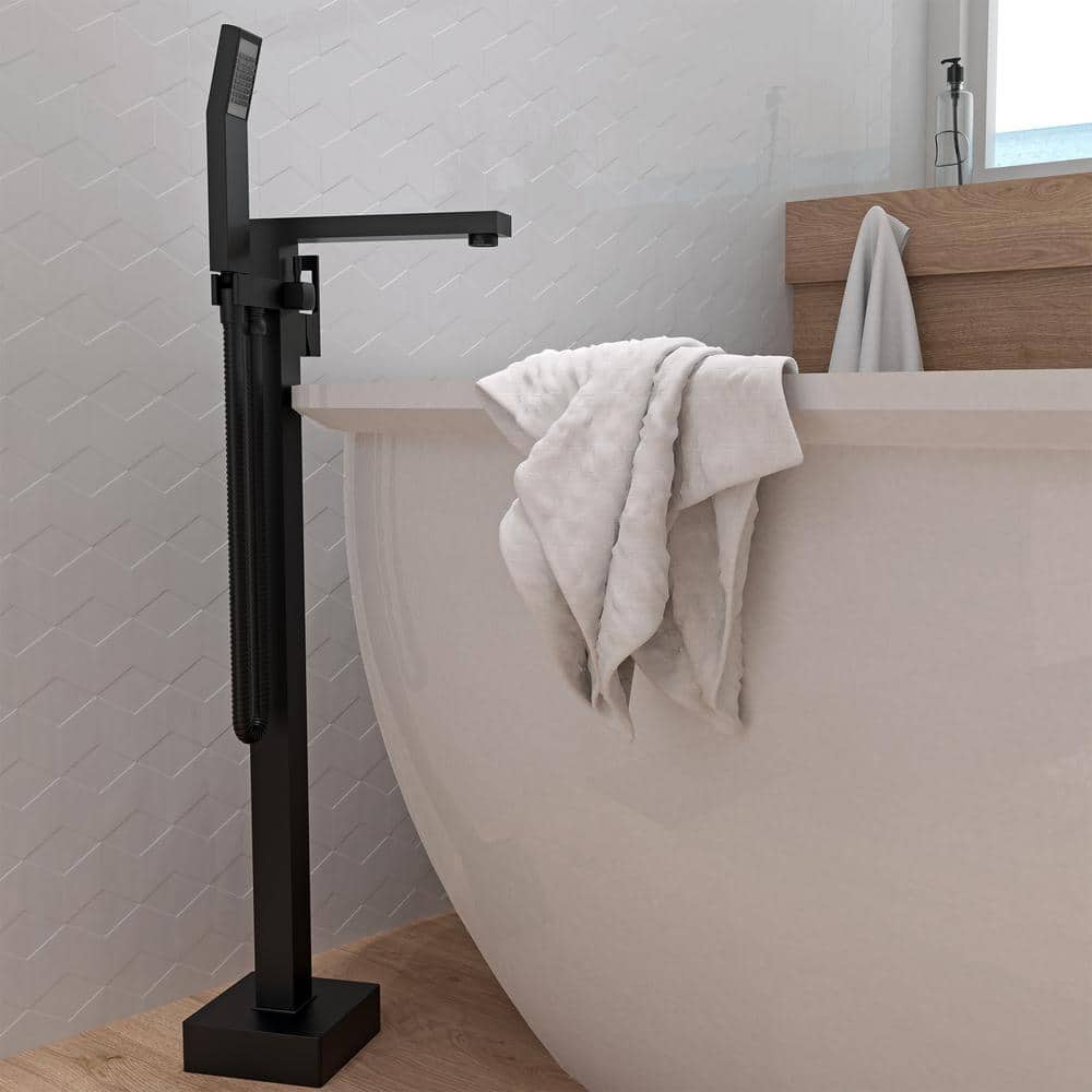 Matte Black Stainless Steel Freestanding Tub Filler with Hand Shower