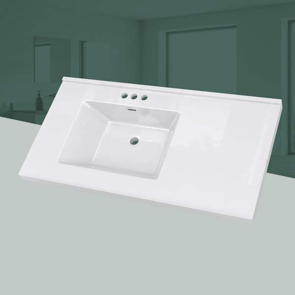 NTQ 42 in. W x 22 in. D Solid Surface Resin Rectangular Single Sink Bathroom Vanity Top White Vanity Top in Glossy White