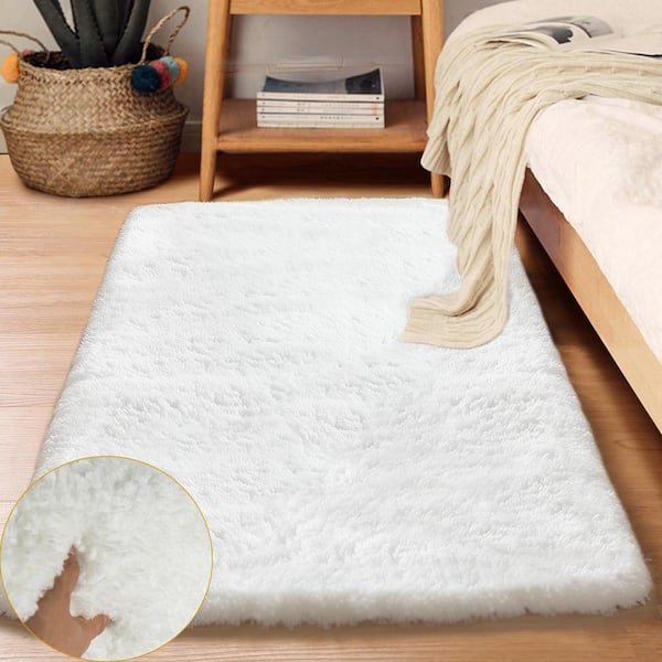 GHDG Solid Shag White 4 ft. x 6 ft. Furry Plush Area Rug