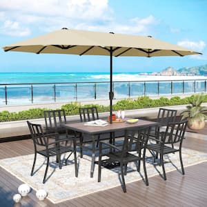 Black 8-Piece Metal Patio Outdoor Dining Set with Umbrella and Wood-Look and Modern Stackable Chairs