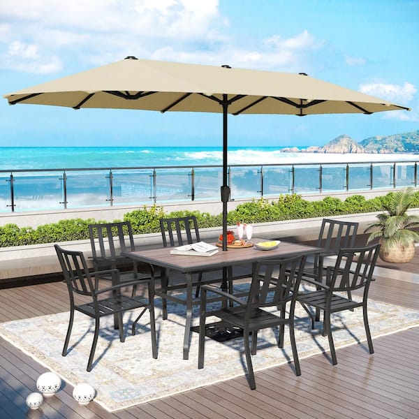 PHI VILLA Black 8-Piece Metal Patio Outdoor Dining Set with Umbrella and Wood-Look and Modern Stackable Chairs