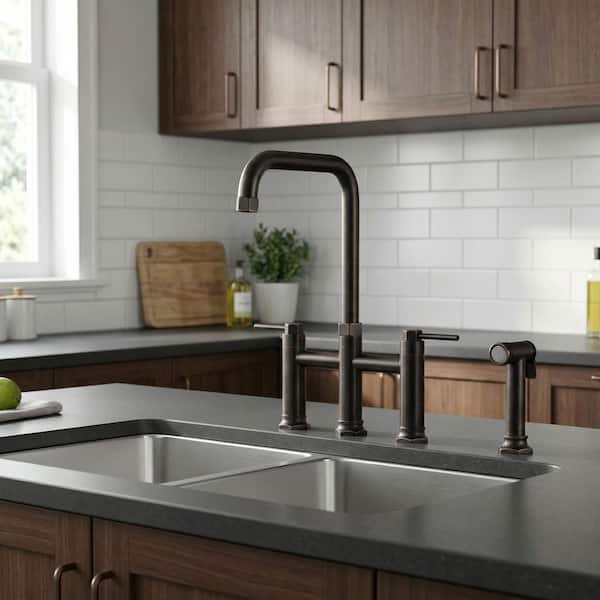 Brass Double Handle Bridge Kitchen Faucet with Side Sprayer in Oil Rubbed Bronze