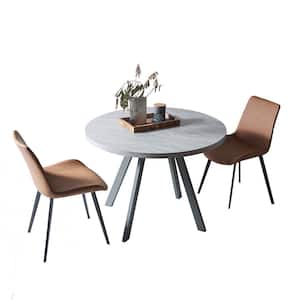 3-Piece Gray Round Dining Table Set MDF Dining Table with 2 Brown Dining Chairs