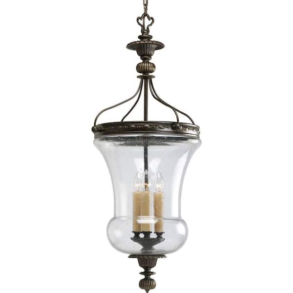 Progress Lighting Fiorentino Collection 3-Light Forged Bronze Foyer Pendant with Clear Seeded Glass