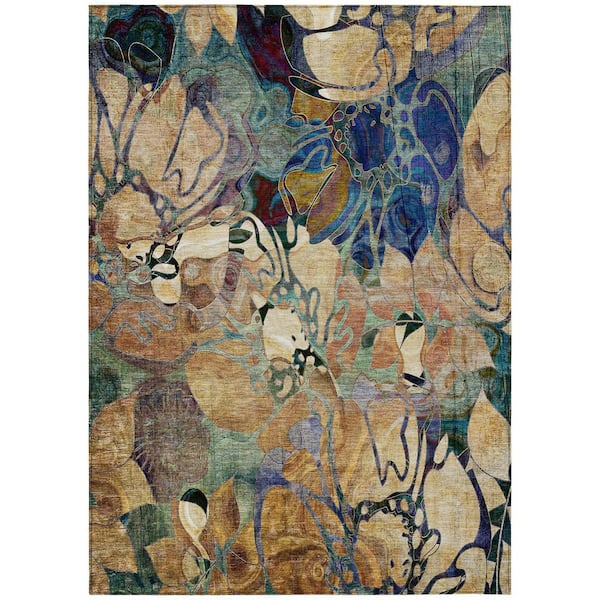 Beige, Blue 5 ft. x 8 ft. Woven Abstract Polyester Rectangle Indoor / Outdoor Area Rug