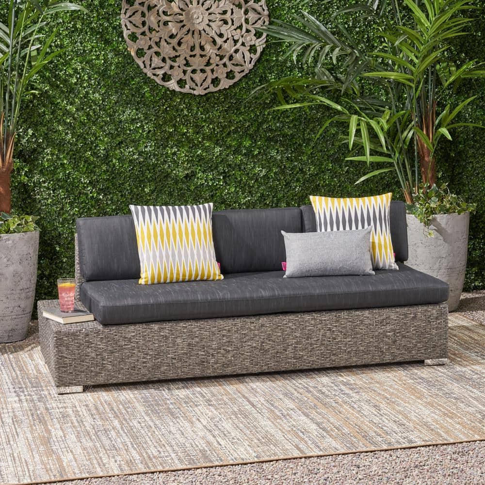 Esther Outdoor Black Wicker 3-Seater Sofa with Cushions