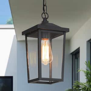 Matte Black Modern 1-Light Lantern Outdoor Hanging Geometric Hanging Pendant Light with Clear Glass Shade for Patio