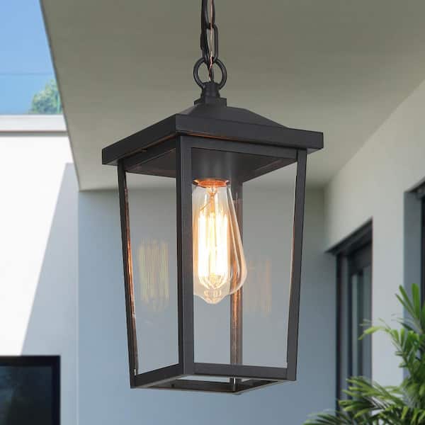 LNC Matte Black Modern 1-Light Lantern Outdoor Hanging Geometric Hanging Pendant Light with Clear Glass Shade for Patio