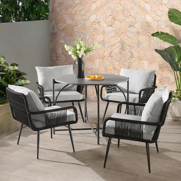 Alaterre Furniture Andover All Weather 5 Piece Outdoor Bistro Set With 4 Rope Chairs Light Gray Cushions And 30 In H Table Awwk0225kk The Home Depot - Patio Furniture Bistro Cushions