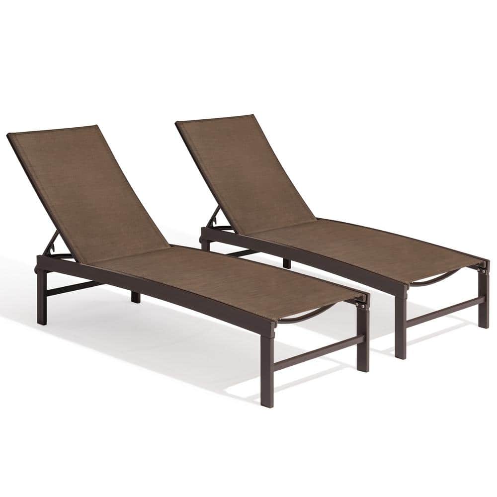 Brown Aluminum Adjustable Chaise Lounge Set with Texteline Fabric