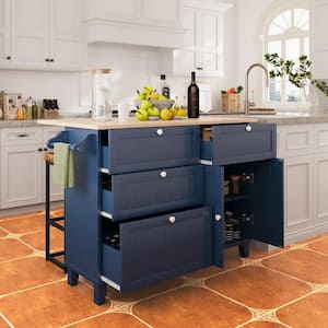 Blue Wood 50 in. Drop Leaf Rubber Tabletop Kitchen Island with 2-High Quality Stools