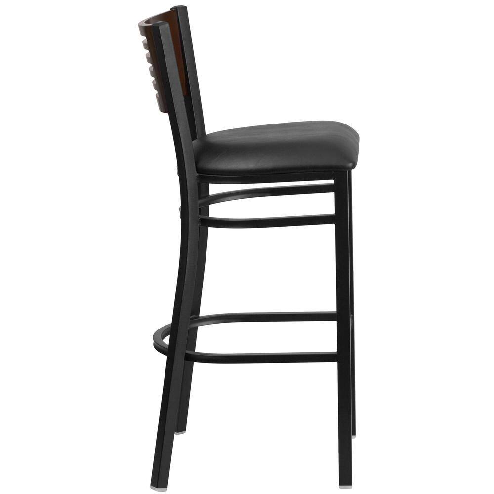 Walnut Wood Back Black Vinyl Seat Metal Barstool