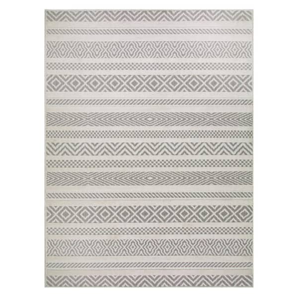 Leick Home Everald Contemporary Gray and Ivory 3 ft. x 5 ft. Striped Polypropylene Indoor/Outdoor Area Rug