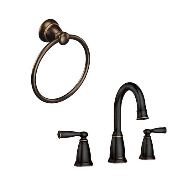 MOEN Banbury 8 in. Widespread 2-Handle Bathroom Faucet with Towel Ring in Mediterranean Bronze (Valve Included)