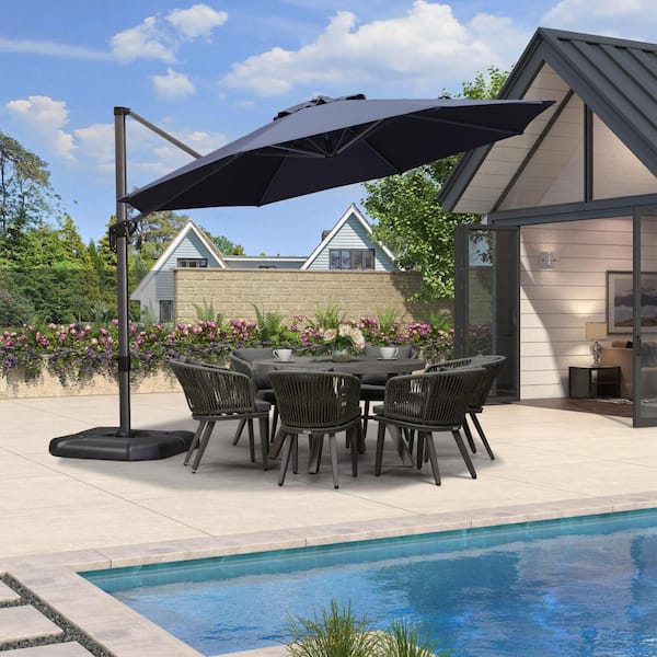 PURPLE LEAF 11 ft. Octagon Aluminum Outdoor Patio Cantilever Umbrella Offset 360° Rotation Umbrella with Base, Navy Blue