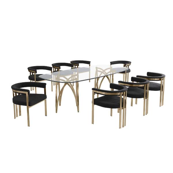 Best Quality Furniture Doug 9-Piece Clear Tempered Glass Top Gold Chrome Plated Base Dining Set with 8 Black Boucle Fabric Chairs